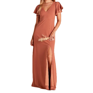BIRDY GREY Large Terracotta Hannah Crepe Flutter Sleeve Long Bridesmaid‎ Dress